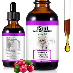 Cat Multivitamin,15 in 1 Vitamins for Indoor Cats, Vitamins for Kitten Cat Multivitamin Liquid Drops Supplements, Heart Health, Bones, Joint, Skin & Coat, Bladder, Immune System Support -2 Oz