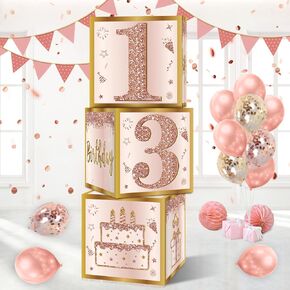 Guiruiy 3pcs 13th عيد ميلاد ديكورات الصناديق للبنات نساء ، وردية وردية الذهب الحلو 13 البالونات عيد ميلاد مربعات الحفلات ، الوردي الحلو ثلاثة عشر بيد ديكور صندوق الورق المقوى