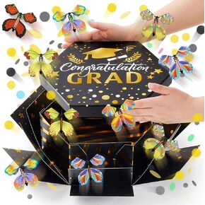 Dunzoom Graduation Flying Butterfly Fantasy Box 2025 Congrats Grad Expression Surprise Home Box with 12 PCS Flying Butterfly و Black and Gold Fors of 2025 Graduate Decoration