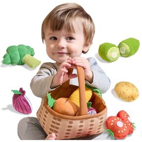 TUMAMA Plush Veggie Basket Play Set Stuffed Vegetable Toys, Baby Toys for 3 6 9 12 Months, Pretend Play Food Sensory Toys