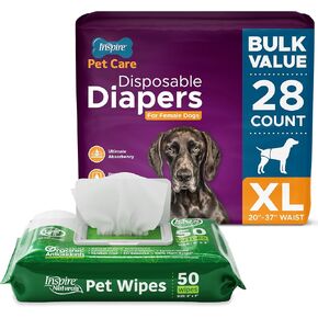 Inspire Pet Care Dog Diapers Female Dogs XL 28 Count with Pack of Pet Wipes