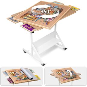 Tektalk Rotating Jigsaw Puzzle Table with Angle & Height Adjustment, Wooden Puzzle Board with Cover & 4 Colored Drawers, Tilting Puzzle Easel with Legs & 4 Roller Wheels, for Up to 1500 Pieces