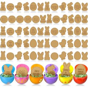 60pcs Easter Egg Tokens Bulk Wooden Set Easter Egg Stuffers Natural Color Ribbon 60 Styles Bunny Chick Egg Money Natural Color Coins Wooden Tokens for Egg Hunt Toys