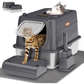 Stainless Steel Cat Litter Box with Lid, Front Entry Top Exit Metal Litter Box XL with Cover, Extra Enclosed Litter Boxes with Litter Scoop & Litter Mat, Non-Sticky, Non-Odor, Dark Grey