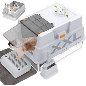 XXL Stainless Steel Litter Box with Lid,XXL Enclosed Metal Cat Litter Box for Big Cats,Multiple Cats,with Litter Scoop & Foot Pedal & Litter Mat,Odor Control,Easy Cleaning