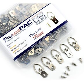 FramePac D-Ring Double Hole Reinforced Picture Hangers with Screws [50 Pack] - (AKA Picture Hanging Hardware, Picture Frame Hanger, Picture Hanger Hooks, Picture Hooks for Hanging)