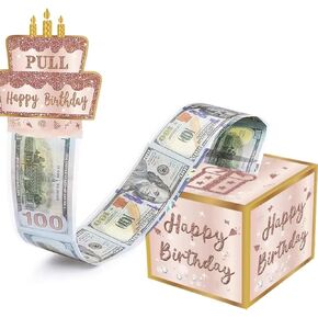 Birthday Money Box with 30 Transparent Bags, Pull-Out Cash Gift Holder with Happy Birthday Card & DIY Stickers – Fun Surprise Gift Idea for Any Age, Perfect for Boys, Girls, Family & Friends（PINK)