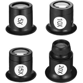 4 قطع المجوهرات Loupe 5x/10x/15x/20x مكبّر أحادي العين محمول مكونة مكونة من العدسة العدسة العدسة المكبرة الحلقات العيون الزجاجية لمجوهرات الدائرة البصرية