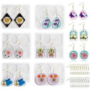 Roxjaejae 46 PCS Resin Earring Molds Silicone Kit, Resin Jewelry Making Kit with Built-in Holes for Earrings, Necklace, Pendants, Keychains