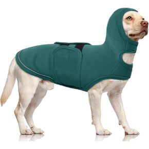 Qblev Dog Coet Stest ، Dog Thunder Jacket Stupy Shirt Hadiety مع غطاء أذن الكلب ، هوديي تهدئة الكلب مع لفائف الأذن حماية ضوضاء الإغاثة للألعاب النارية سفر العواصف الرعدية