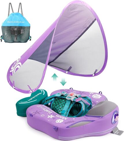 Mambobaby Float Upgrade Add Tail Baby Float مع مظلة لخصر الرضع، حلقة سباحة لتدريب السباحة، ألعاب غير قابلة للنفخ مع حزام أمان قابل للتعديل (أزرق - سمكة ملونة) in Kuwait