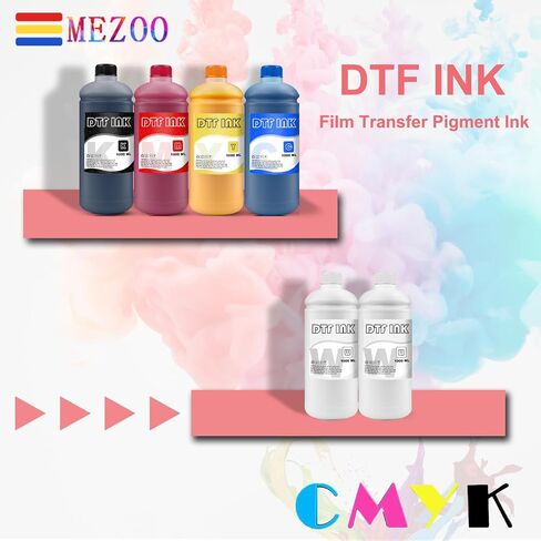 MEZOO DTF Ink 1000ml Premium DTF Transfer Ink for PET Film Compatible for Direct to Film Printers with Printhead ET-8550 L1800 L805 XP15000 R1390 4720 I3200 XP600 DX7 DX5 5113 Printer(6 Pack,2W+BCMY) in Kuwait