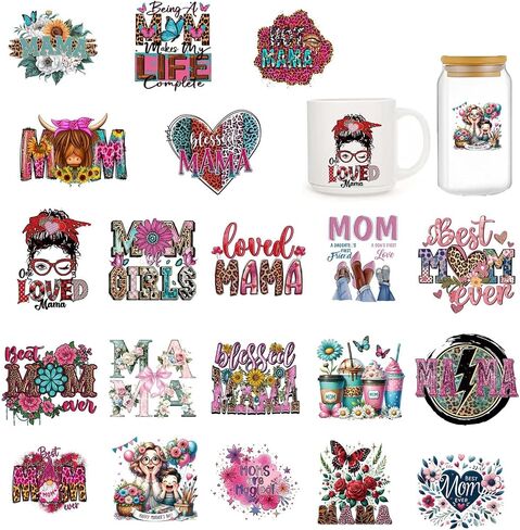 UV DTF Cup Wrap Transfer Stickers- 20 ورقة Mama Coffee مشروبات UV DTF CUP لفات لزرع القهوة الزجاجي 16 أوقية ، ملصق DTF عيد الأم ، شكرًا لك على شكر أفضل أمي على الإطلاق هدايا إبداعية إبداعية in Kuwait
