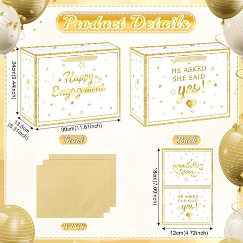 CASLON White Gold Engagement Gift Bags with Tissue Paper, Card & Wrapping Paper - Happy Engagement Party Decoration Supplies 11.8x5.3x9.4inch in Saudi Arabia