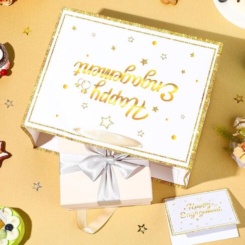 CASLON White Gold Engagement Gift Bags with Tissue Paper, Card & Wrapping Paper - Happy Engagement Party Decoration Supplies 11.8x5.3x9.4inch in Saudi Arabia