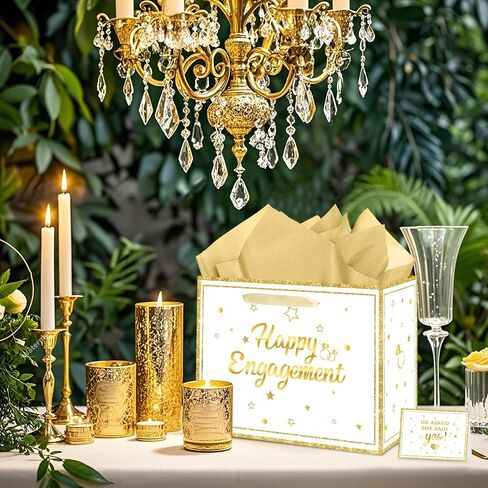 CASLON White Gold Engagement Gift Bags with Tissue Paper, Card & Wrapping Paper - Happy Engagement Party Decoration Supplies 11.8x5.3x9.4inch in Saudi Arabia