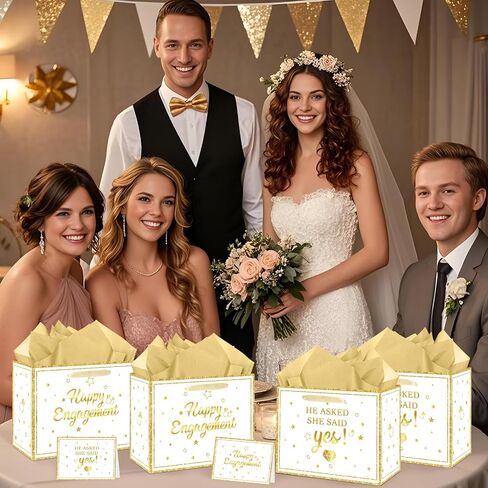 CASLON White Gold Engagement Gift Bags with Tissue Paper, Card & Wrapping Paper - Happy Engagement Party Decoration Supplies 11.8x5.3x9.4inch in Saudi Arabia