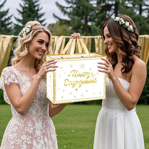 CASLON White Gold Engagement Gift Bags with Tissue Paper, Card & Wrapping Paper - Happy Engagement Party Decoration Supplies 11.8x5.3x9.4inch in Saudi Arabia