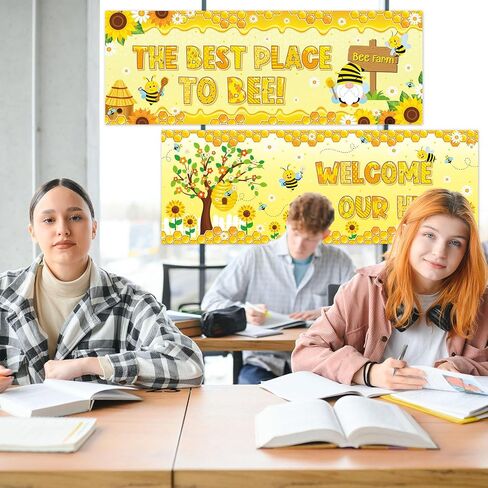 2 PCS Bee Classroom Decorations Banner Bumble Bee Sunflower Banner Daisy Flower Sign Sign Sign Scream Decorities Closouts for Spring Summer Wall Decor in Kuwait