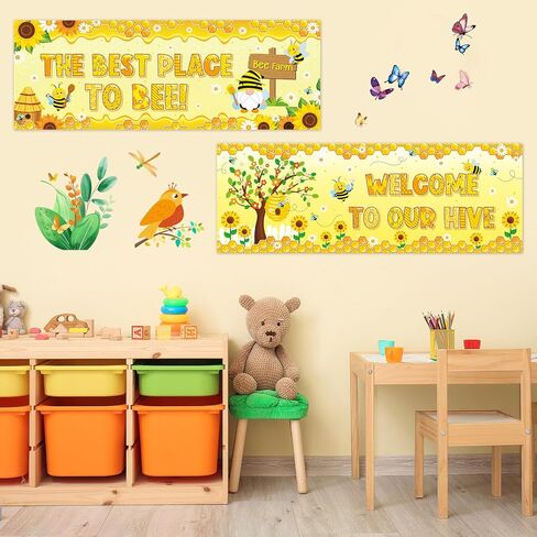 2 PCS Bee Classroom Decorations Banner Bumble Bee Sunflower Banner Daisy Flower Sign Sign Sign Scream Decorities Closouts for Spring Summer Wall Decor in Kuwait
