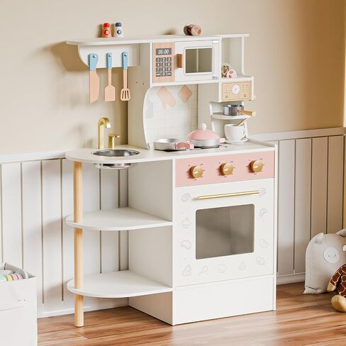 JOYMOR Kids Wooden Play Kitchen Sets, New Modern Children's Wooden Toy Kitchen w/Refrigerators & Ample Play Kitchen Accessories, Ideal Pretend Playset Gift for Toddlers in Saudi Arabia