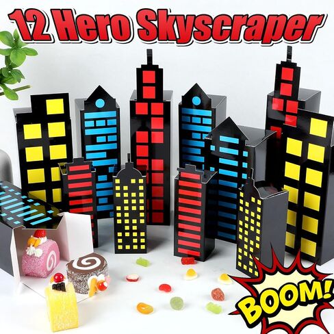 12Pcs Skyscraper City Party Favor Boxes for Super Themed Hero Party Decorations City Skyline Buildings Treat Boxes Super Themed Hero Party Candy Goodies Boxes for Boys Girls Birthday Party Supplies in Saudi Arabia