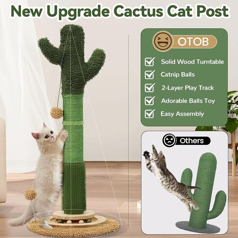 OTOB 36" Tall Cat Cactus Scratching Post, Natural Sisal Rope Cat Scratcher Post, Vertical 6-in-1 Interactive Turntable Cat Scratch Post with Soft Ball Toys, Protect Your Furniture (Green/Brown) in Saudi Arabia