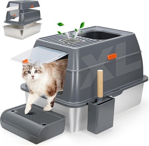 Stainless Steel Cat Litter Box with Lids, Enclosed Covered Litter Box for Big Cat, High Sided Extra Large Anti-Leakage Dual Entrance-XLDarkGrey in Saudi Arabia