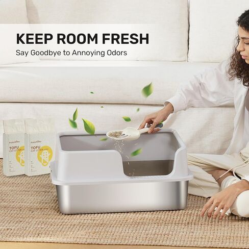 FUKUMARU Stainless Steel Litter Box with Lid, Extra Large Metal Cat Litter Box with Two Bags Litter, High Side Enclosed Litter Tray for Big Cats, Non-Sticky, Easy Cleaning, XL, Includes Litter&Scoop in Kuwait