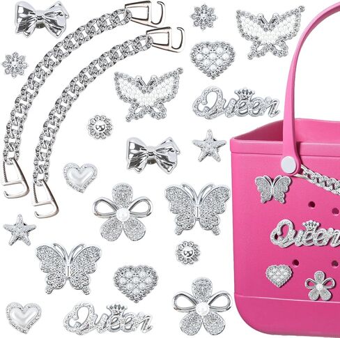 22Pcs Accessories Charms for Bogg Bag, Butterfly Flower Pearl and Chain Charms Sparkling Decoration for Totes Bag,Insert Silver Charms for Rubber Beach Totes in Saudi Arabia
