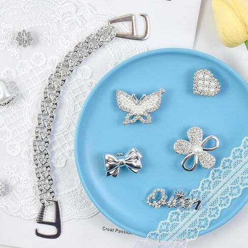 22Pcs Accessories Charms for Bogg Bag, Butterfly Flower Pearl and Chain Charms Sparkling Decoration for Totes Bag,Insert Silver Charms for Rubber Beach Totes in Saudi Arabia