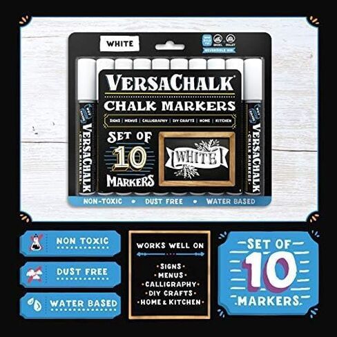 VersaChalk White Liquid Chalk Markers for Blackboards (Pack of 10, 3mm, Fine Tip) - Erasable Washable Chalk Pens for Chalkboard Signs, Windows an Non-Porous surfaces in Saudi Arabia