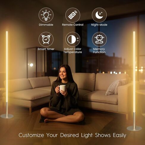 LED Corner Floor Lamp for Living Room, Minimalist Light with Remote Control, Stepless Adjustable 2700k-6500k Colors & Brightness, Modern Reading Bright Light, 58" Standing Lamp for Bedroom Home Office in Saudi Arabia