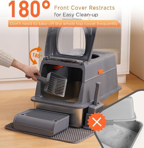 Stainless Steel Cat Litter Box with Lid, Front Entry Top Exit Metal Litter Box XL with Cover, Extra Enclosed Litter Boxes with Litter Scoop & Litter Mat, Non-Sticky, Non-Odor, Dark Grey in Saudi Arabia