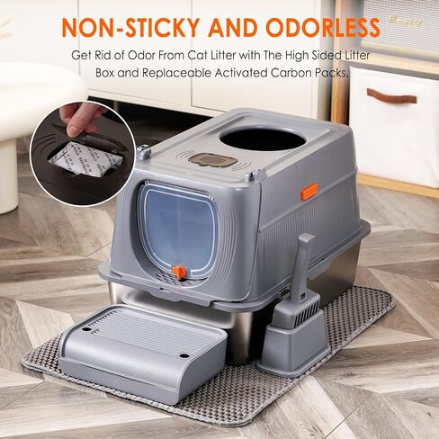 Stainless Steel Cat Litter Box with Lid, Front Entry Top Exit Metal Litter Box XL with Cover, Extra Enclosed Litter Boxes with Litter Scoop & Litter Mat, Non-Sticky, Non-Odor, Dark Grey in Saudi Arabia
