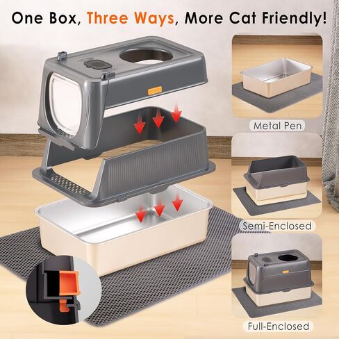 Stainless Steel Cat Litter Box with Lid, Front Entry Top Exit Metal Litter Box XL with Cover, Extra Enclosed Litter Boxes with Litter Scoop & Litter Mat, Non-Sticky, Non-Odor, Dark Grey in Saudi Arabia