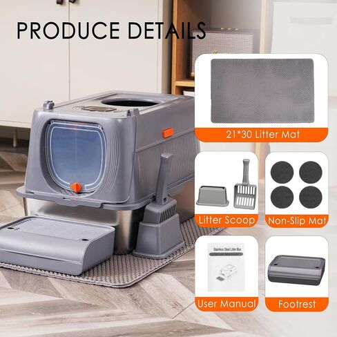 Stainless Steel Cat Litter Box with Lid, Front Entry Top Exit Metal Litter Box XL with Cover, Extra Enclosed Litter Boxes with Litter Scoop & Litter Mat, Non-Sticky, Non-Odor, Dark Grey in Saudi Arabia