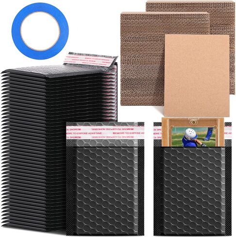 Tatuo 301 Pcs Trading Card Shipping Protector Set Include 200 Corrugated Cardboard Sheets Inserts 100 Poly Bubble Mailers Padded Envelopes and Masking Tape(Black) in Saudi Arabia