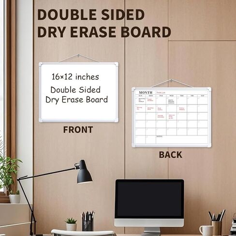 Monthly Calendar Dry Erase Board, 16"x12" White Board Dry Erase for Wall, Small Hanging Dry Erase Board, Double-Sided White Board for Home, Office, or School in Kuwait