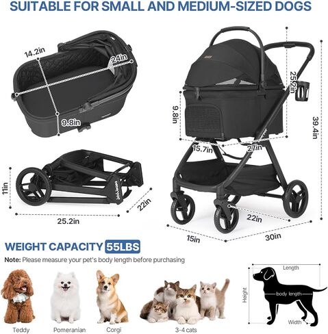 X-5 Luxury Pet Stroller for Medium Dog Under 55lbs or 2 Small Dogs & Cats, Foldable and Carrier -Detachable (Black) in Saudi Arabia