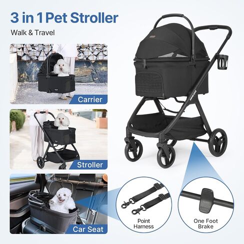 X-5 Luxury Pet Stroller for Medium Dog Under 55lbs or 2 Small Dogs & Cats, Foldable and Carrier -Detachable (Black) in Saudi Arabia
