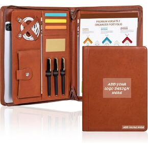 Portfolio Binder with Zipper, Vegan Pu Leather Padfolio for Men and Women, Business Document Organizer with A4 Letter Sized Writing Pad Holder, Laptop Pocket,and Business Card（Brown）