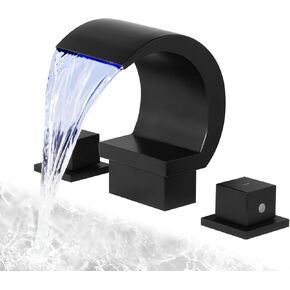 Waterfall Bathroom Faucet with LED Light, Bathroom Faucets for Sink 3 Hole, 8 Inch Widespread Vanity Faucet 2 Handles with Supply Lines, Matte Black