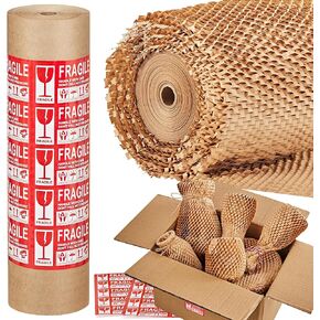 JARLINK Honeycomb Packing Paper, 12 * 200' Packing Wrap for Packing/Shipping/Moving, Recyclable Honeycomb Cushioning Wrap Roll, Moving & Gifts Wrapping Paper With 20 Fragile Sticker Labels