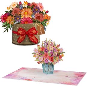 Paper Love Frndly Pop Up Cards 2 Pack - يتضمن صندوقًا واحدًا من الزهور و 1 باقة زهرة ساحرة ، لجميع المناسبات ، الصديقة للبيئة بنسبة 100 ٪ ، وتشمل علامة ملاحظة قابلة للإزالة
