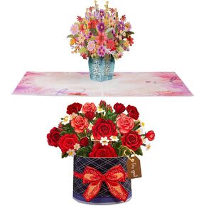 Paper Love Frndly Pop Up Cards 2 Pack - Includes 1 Charming Flower Bouquet and 1 Box of Roses,For All Occasion,100% Eco-Friendly, Includes Removable Note Tag