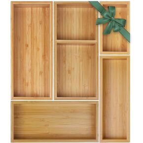 Bamboo Drawer Organizer Set, 5 PCS Multi-Use Individual Wood Storage Organizers, Junk Drawer Divider and Storage Trays Containers for Kitchen, Bathroom, Office Desk, Makeup, Jewelry, Utensils