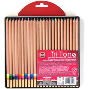 Koh-I-Noor Tri-Tone Multi-Colored Pencil Set, 24 Assorted Colors in Tin and Blister-Carded (FA33TIN24BC)