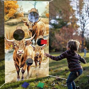 ديكور عيد ميلاد Serencatcher Highland Cow ، لعبة Highland Cow Troas مع 3 أكياس من الفول الغربية لافتة خلفية لافتة داخلية في الهواء الطلق لمستلزمات زخارف حفلة عيد ميلاد المزرعة