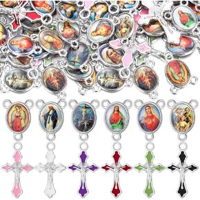 200 Pcs/ 100 Sets Rosary Making Kits Supplies Cross and Center Medal Charm Alloy Picture Religious Charms Crucifix Pendant for DIY Jewelry Making Prayer Bracelet Necklace Earring